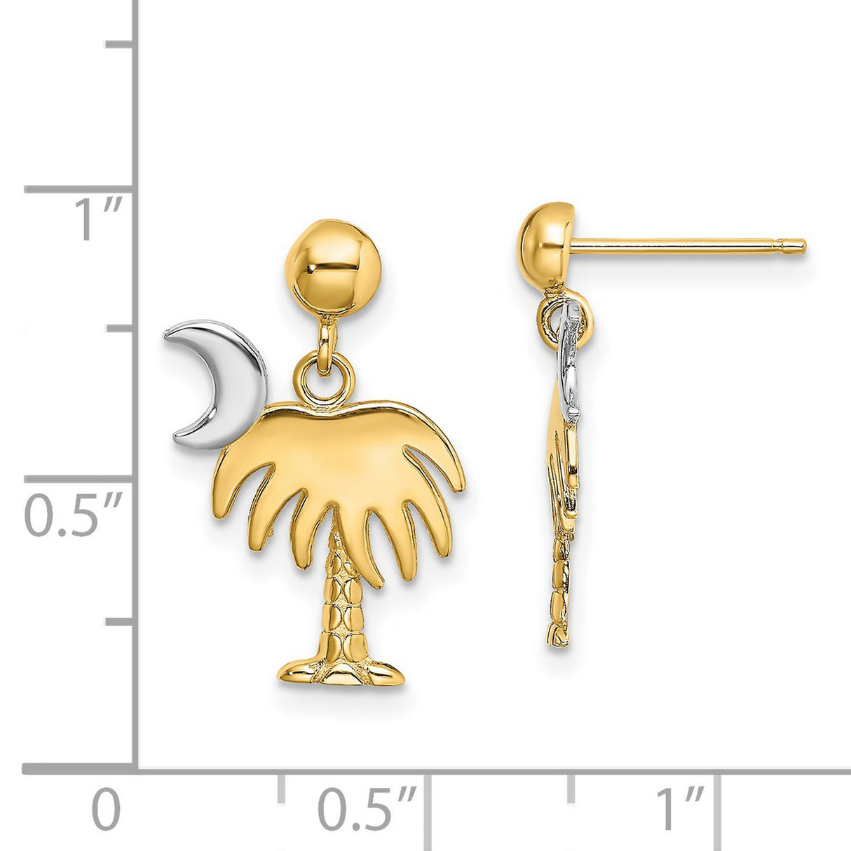 14k Yellow Gold Palm Tree and Crescent Moon Dangle Earrings, Two Tone Southern Style
