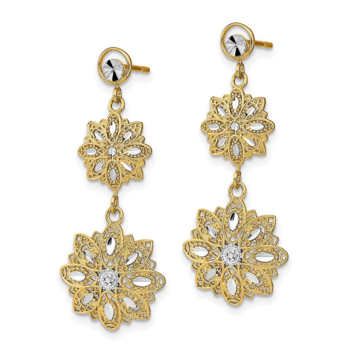 14k Yellow Gold Dangle Earrings with Rhodium Floral Filigree and Two-Tone Layered Flower Design