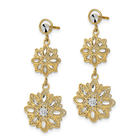14k Yellow Gold Dangle Earrings with Rhodium Floral Filigree and Two-Tone Layered Flower Design