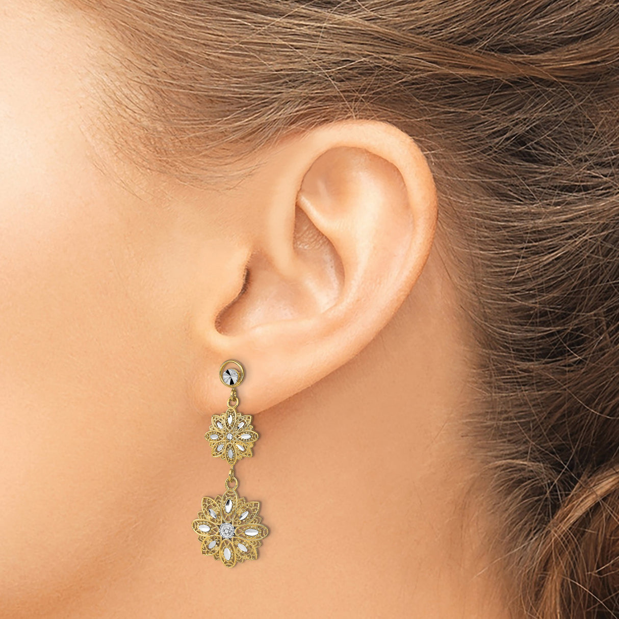 14k Yellow Gold Dangle Earrings with Rhodium Floral Filigree and Two-Tone Layered Flower Design