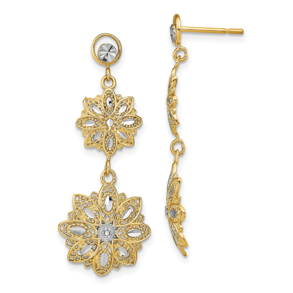 14k Yellow Gold Dangle Earrings with Rhodium Floral Filigree and Two-Tone Layered Flower Design