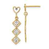 14k Yellow Gold Dangle Earrings, Open Heart Post with Diamond-Shaped Accents, Geometric Drop Design