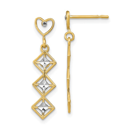 14k Yellow Gold Dangle Earrings, Open Heart Post with Diamond-Shaped Accents, Geometric Drop Design