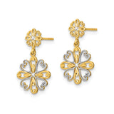 14k Yellow Gold Cross Dangle Earrings, Dual-Tone Filigree Heart and Floral Design for Women