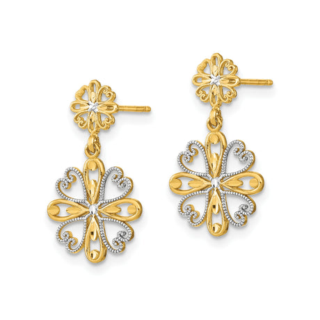 14k Yellow Gold Cross Dangle Earrings, Dual-Tone Filigree Heart and Floral Design for Women