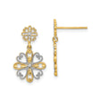 14k Yellow Gold Cross Dangle Earrings, Dual-Tone Filigree Heart and Floral Design for Women