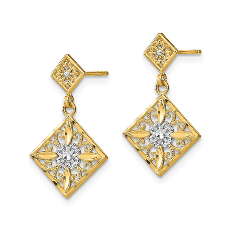 14k Two-Tone Yellow Gold Dangle Earrings, Floral Filigree and Fleur-de-Lis Design