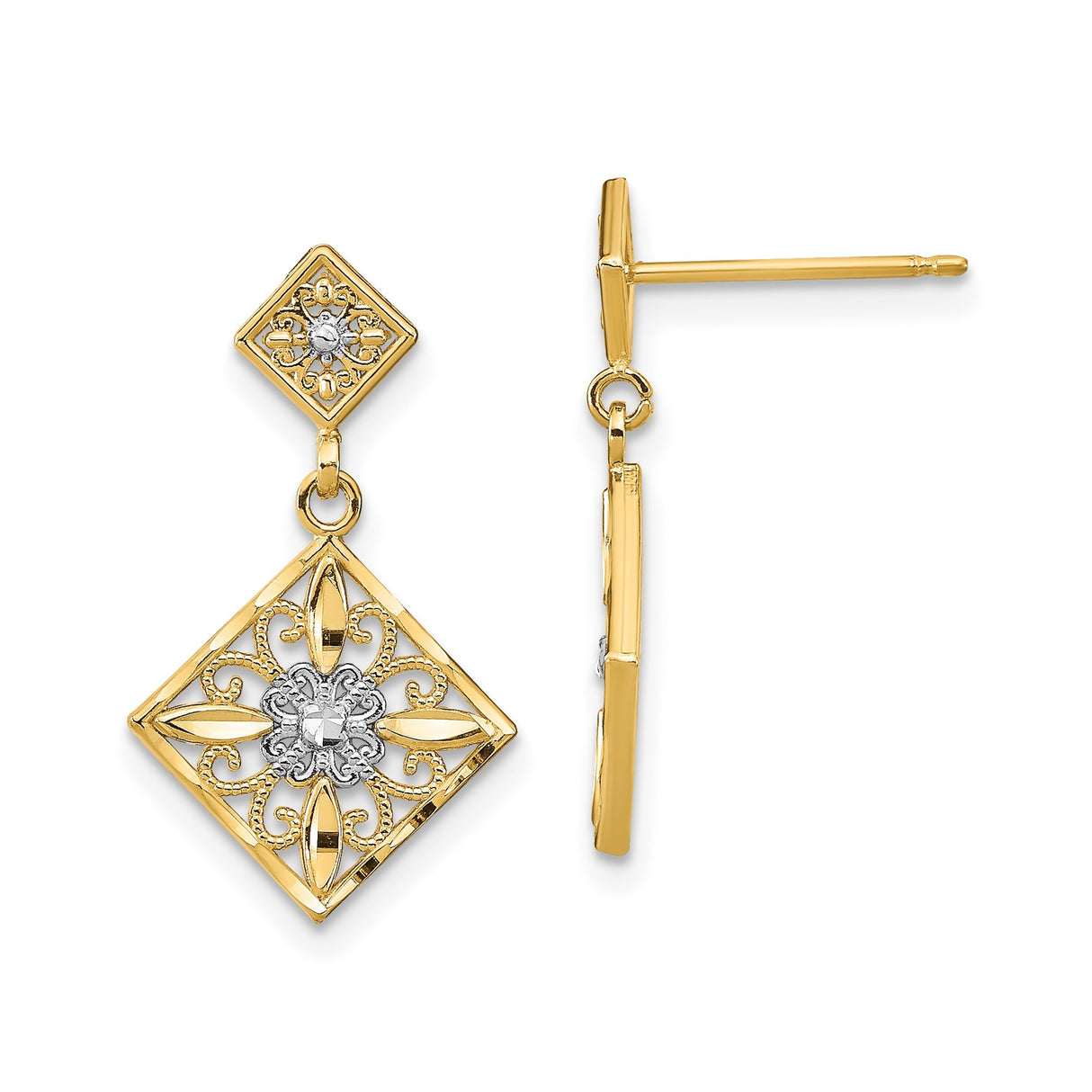 14k Two-Tone Yellow Gold Dangle Earrings, Floral Filigree and Fleur-de-Lis Design