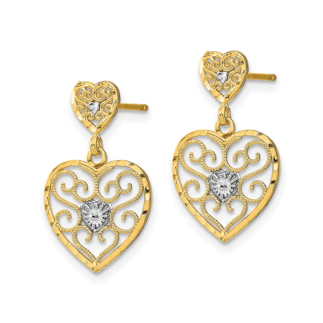 14k Yellow Gold Dangle Earrings with Rhodium Accent, Openwork Heart and Filigree Scroll Design