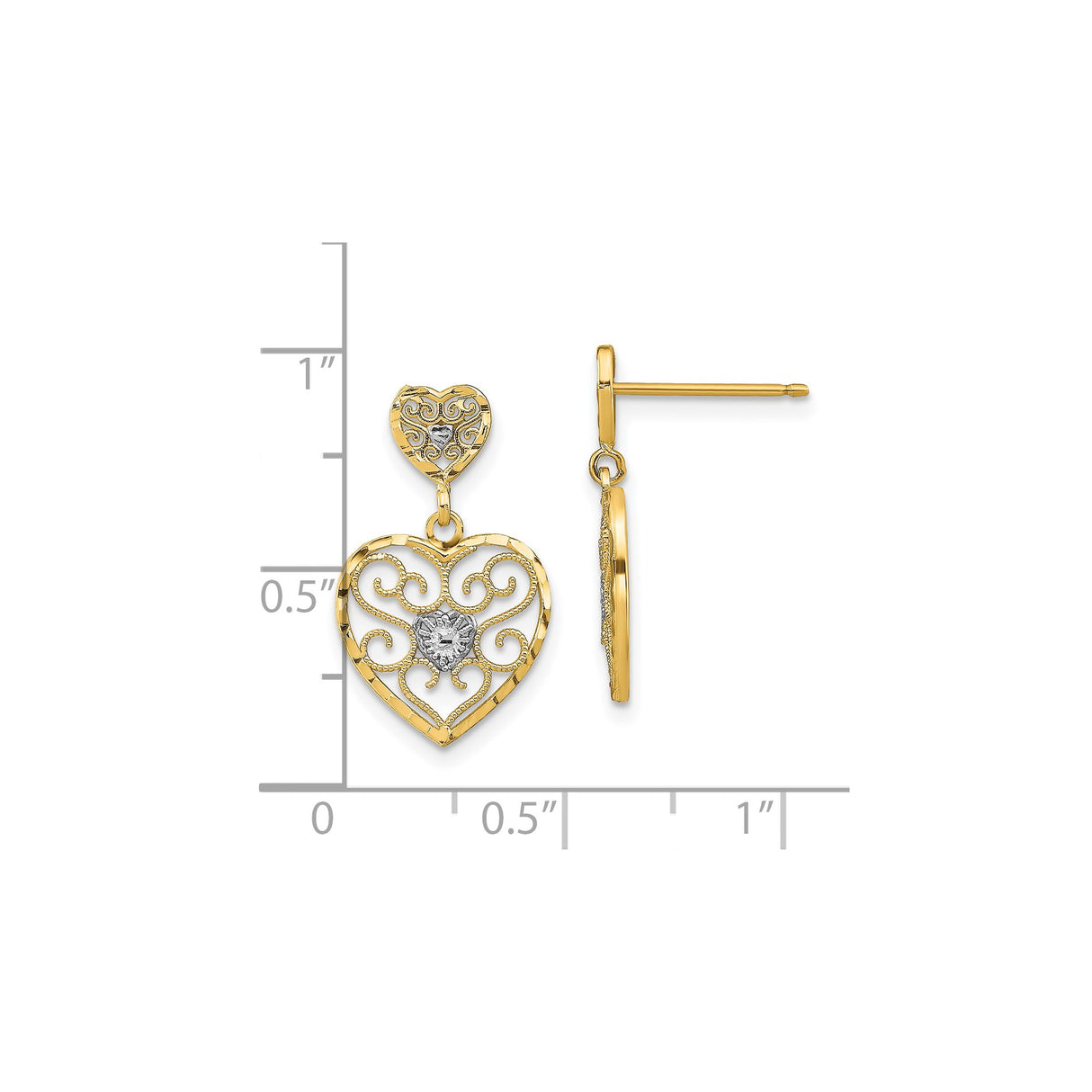 14k Yellow Gold Dangle Earrings with Rhodium Accent, Openwork Heart and Filigree Scroll Design