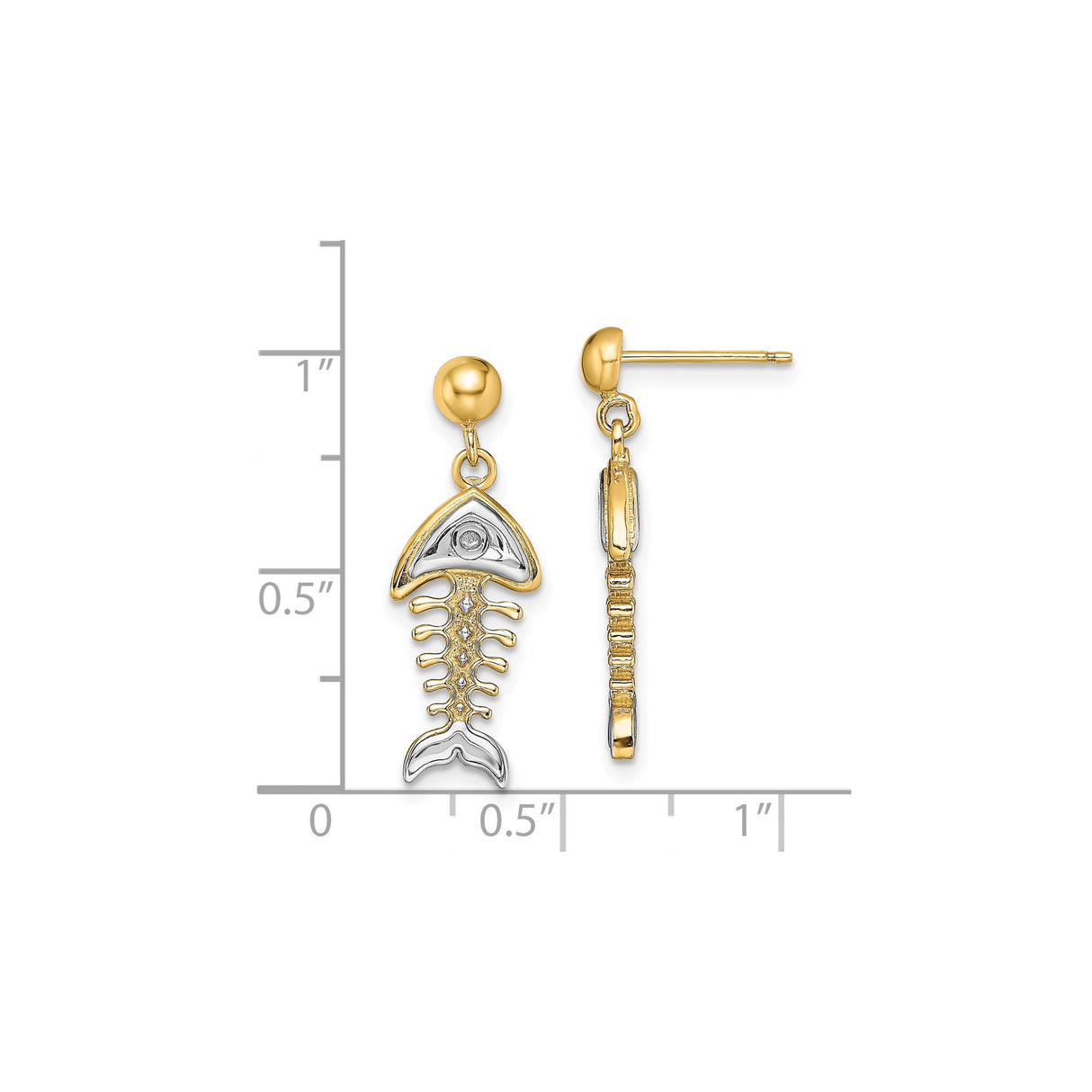 14k Yellow Gold Dangle Earrings with Diamond Accents, Fishbone Nautical Design