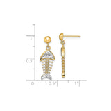 14k Yellow Gold Dangle Earrings with Diamond Accents, Fishbone Nautical Design