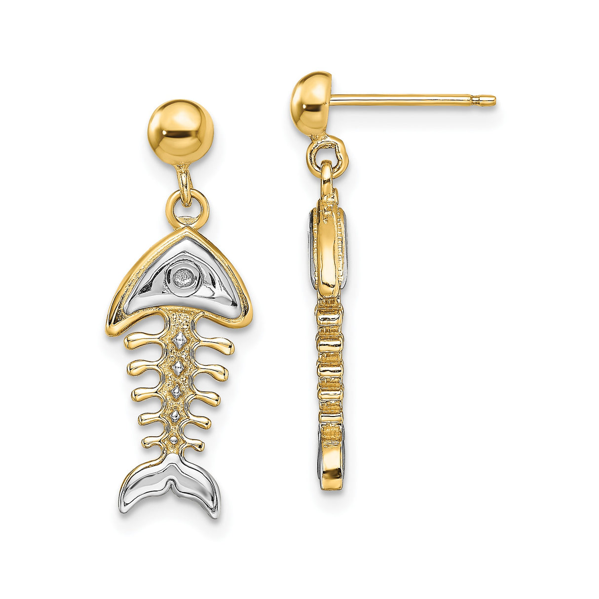 14k Yellow Gold Dangle Earrings with Diamond Accents, Fishbone Nautical Design