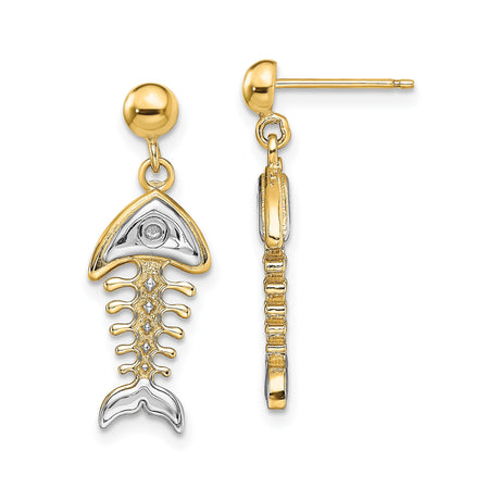 14k Yellow Gold Dangle Earrings with Diamond Accents, Fishbone Nautical Design