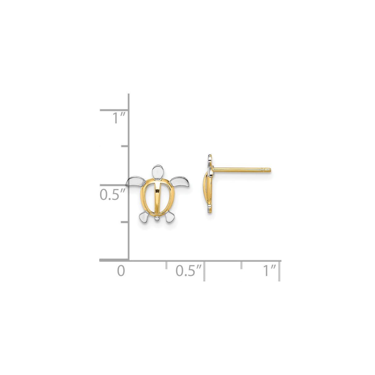 14k Yellow Gold Sea Turtle Stud Earrings, Two Tone Marine Motif Animal Design for Women