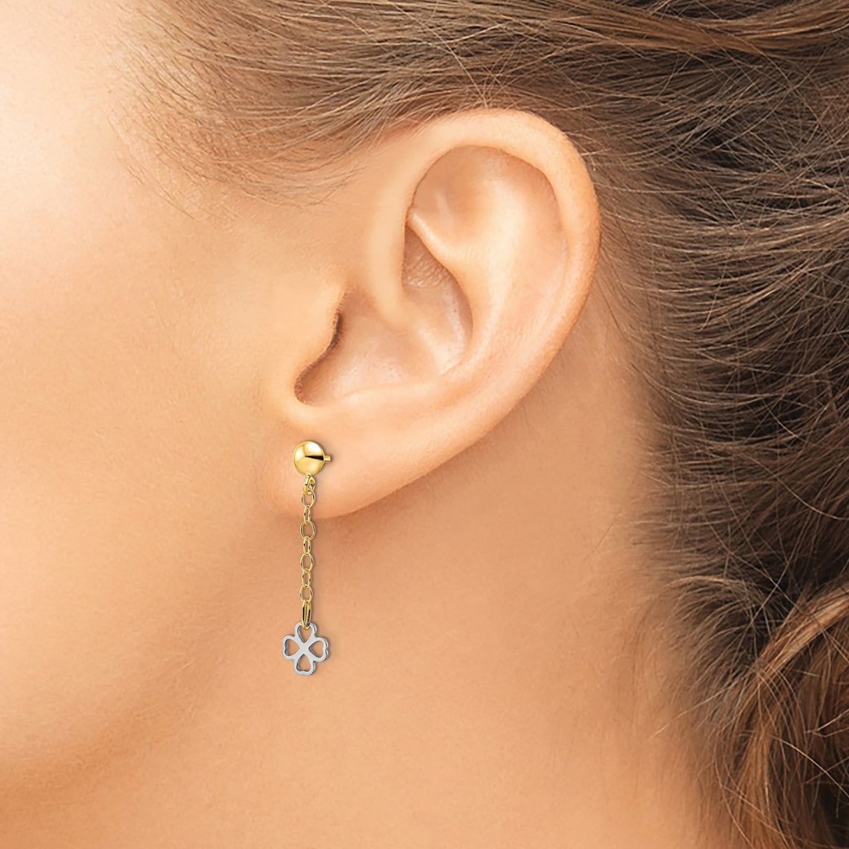 14k Two-Tone Gold Dangle Earrings with Chain Drop and Openwork Four-Leaf Clover Charm
