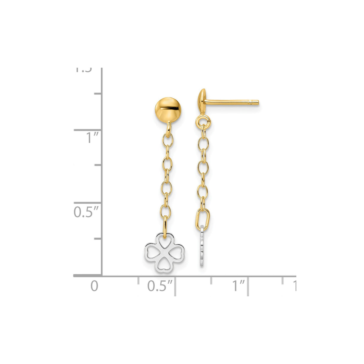 14k Two-Tone Gold Dangle Earrings with Chain Drop and Openwork Four-Leaf Clover Charm