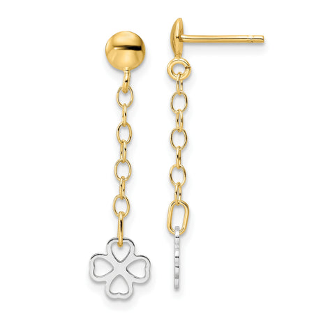 14k Two-Tone Gold Dangle Earrings with Chain Drop and Openwork Four-Leaf Clover Charm