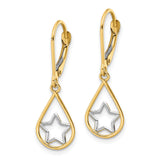 14k Yellow Gold Teardrop Dangle Earrings with Rhodium Star Design and Leverback Closure