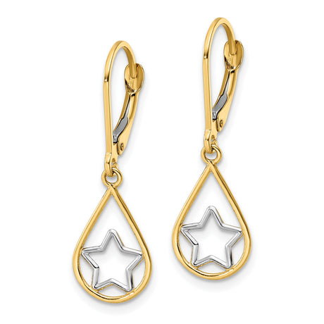 14k Yellow Gold Teardrop Dangle Earrings with Rhodium Star Design and Leverback Closure