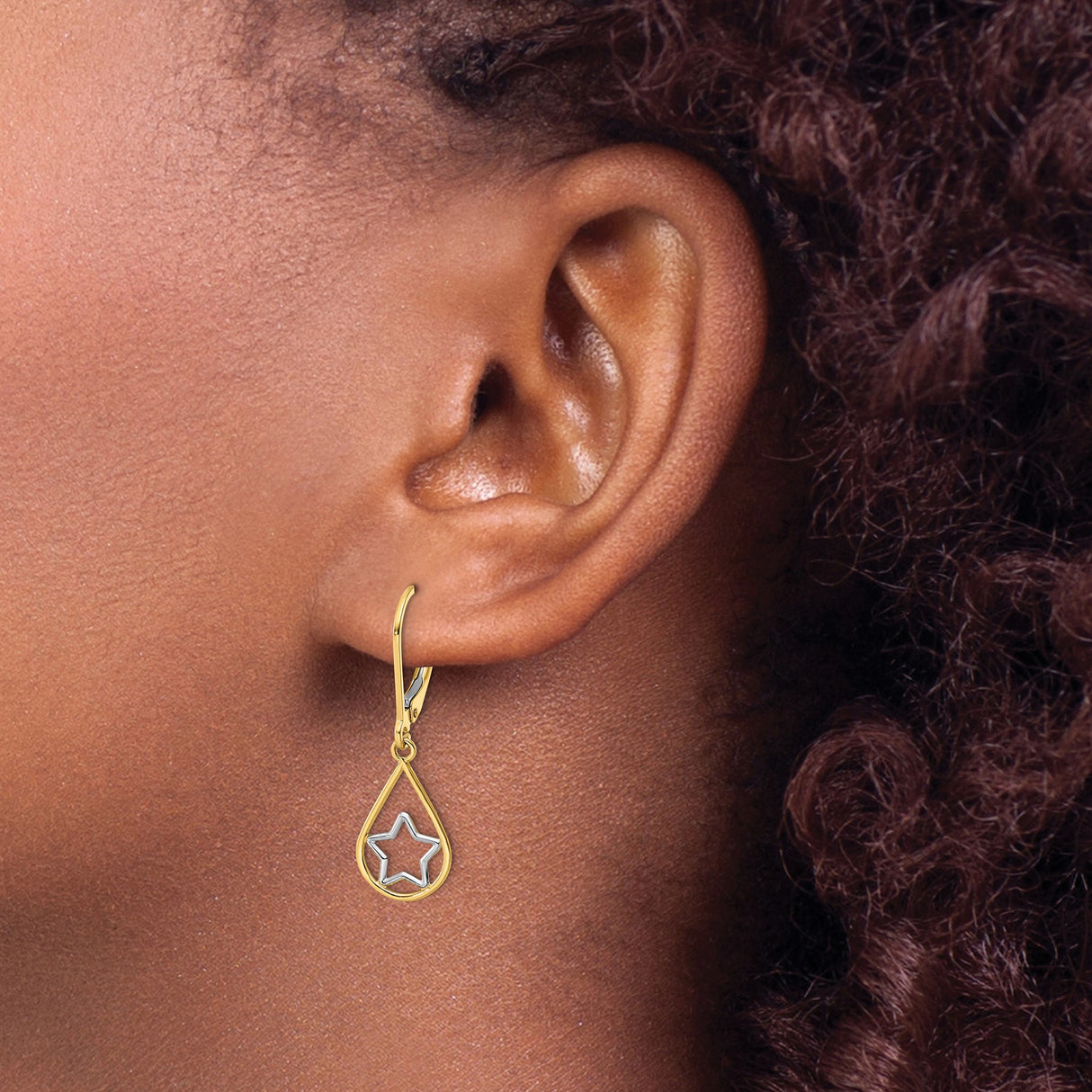 14k Yellow Gold Teardrop Dangle Earrings with Rhodium Star Design and Leverback Closure