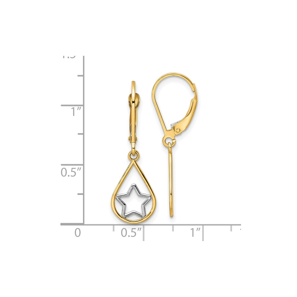 14k Yellow Gold Teardrop Dangle Earrings with Rhodium Star Design and Leverback Closure