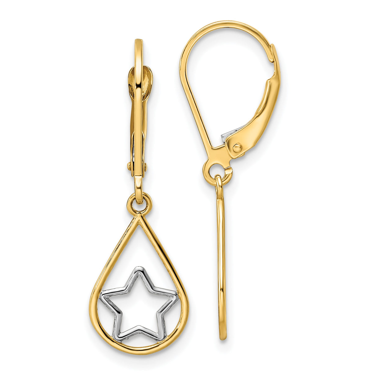 14k Yellow Gold Teardrop Dangle Earrings with Rhodium Star Design and Leverback Closure