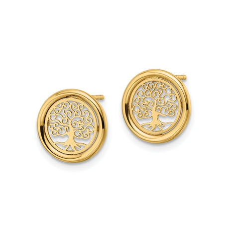 14K Yellow Gold Tree Of Life Stud Earrings Openwork Circle