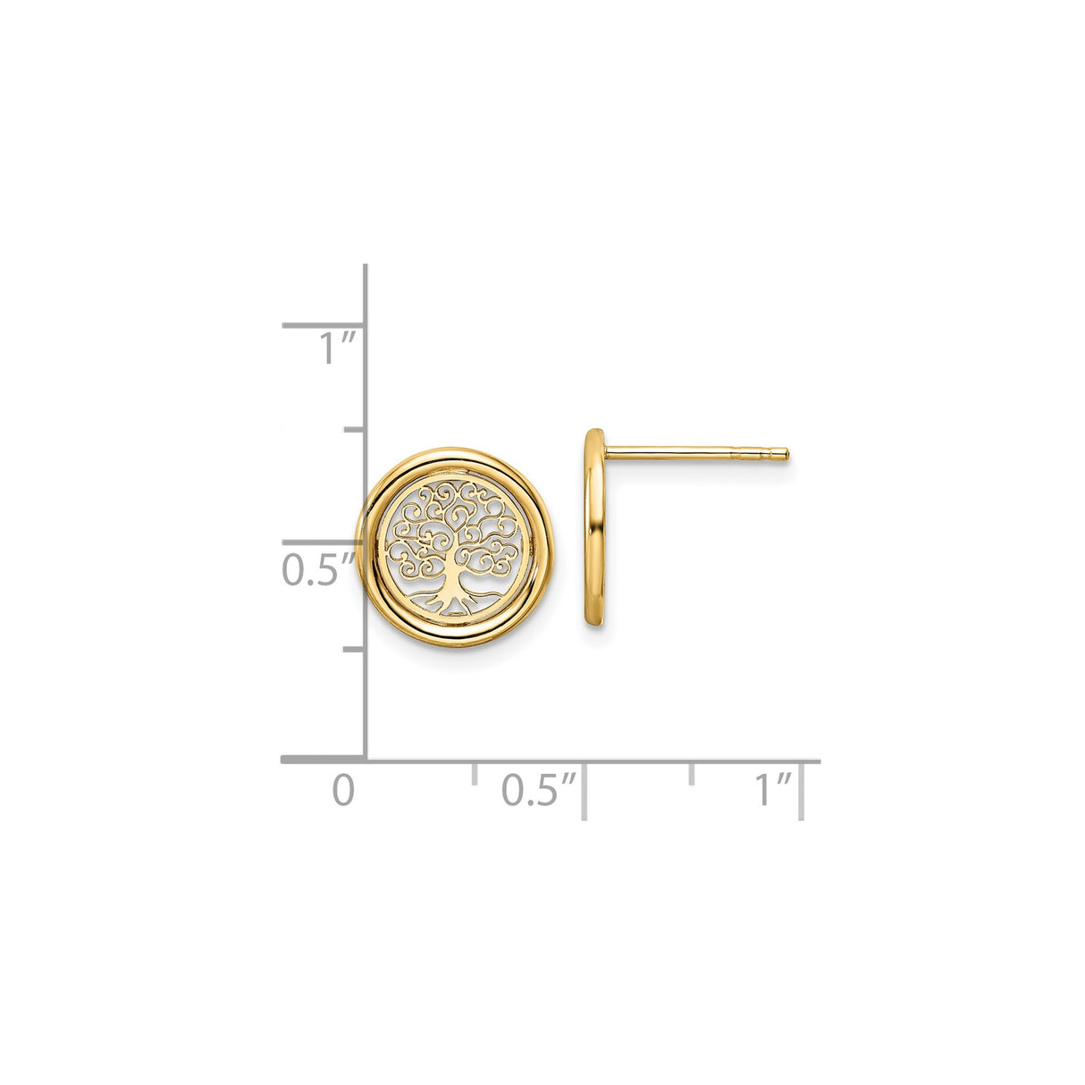 14K Yellow Gold Tree Of Life Stud Earrings Openwork Circle