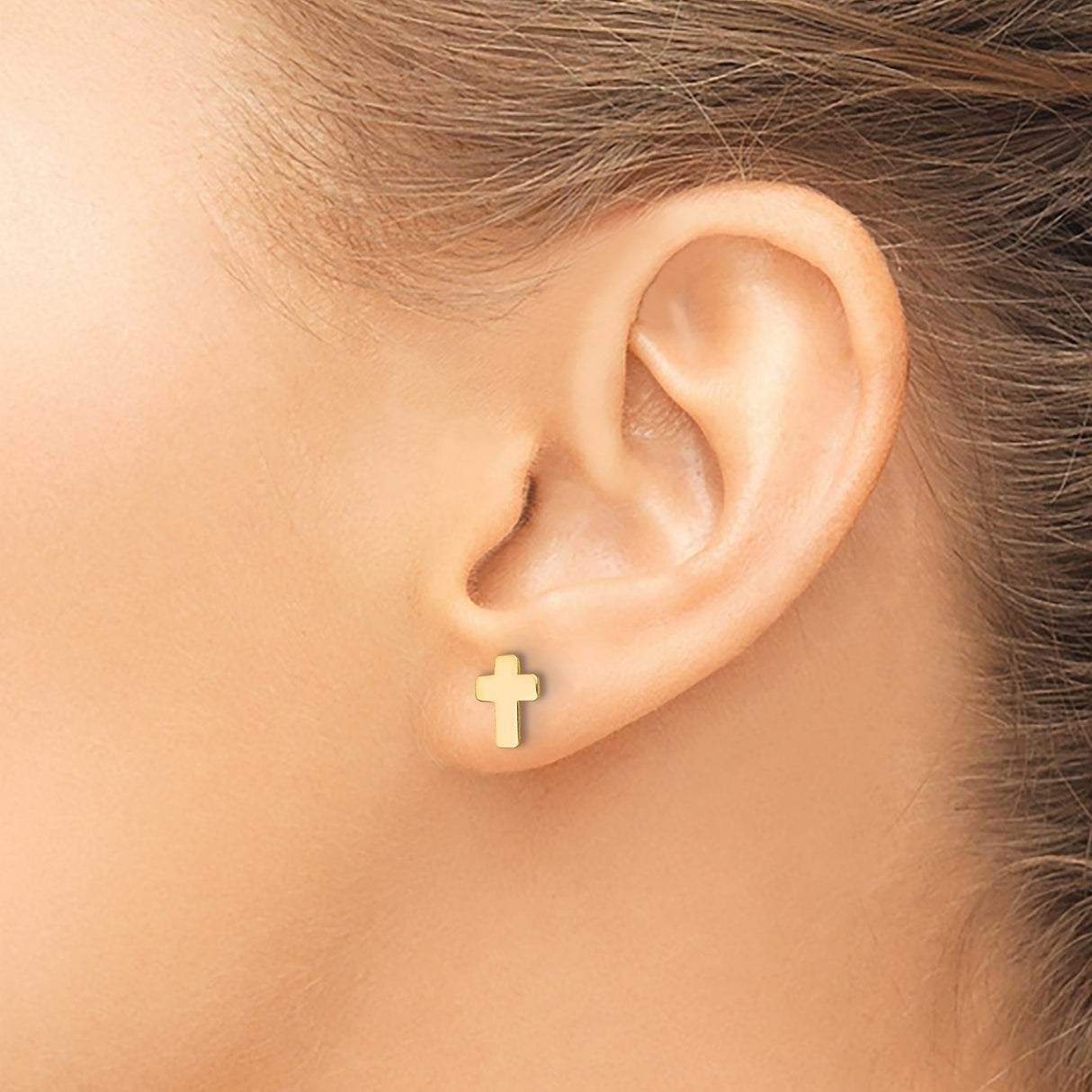 14k Yellow Gold Cross Stud Earrings, Minimalist Christian Design, Polished Finish