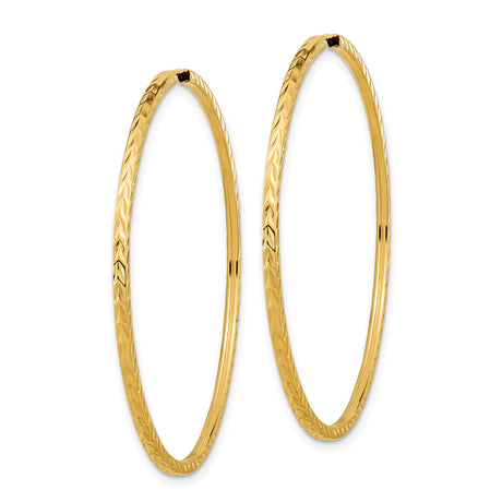 14k Yellow Gold Hoop Earrings with Diamond-Cut Chevron Texture, Lightweight Endless Design