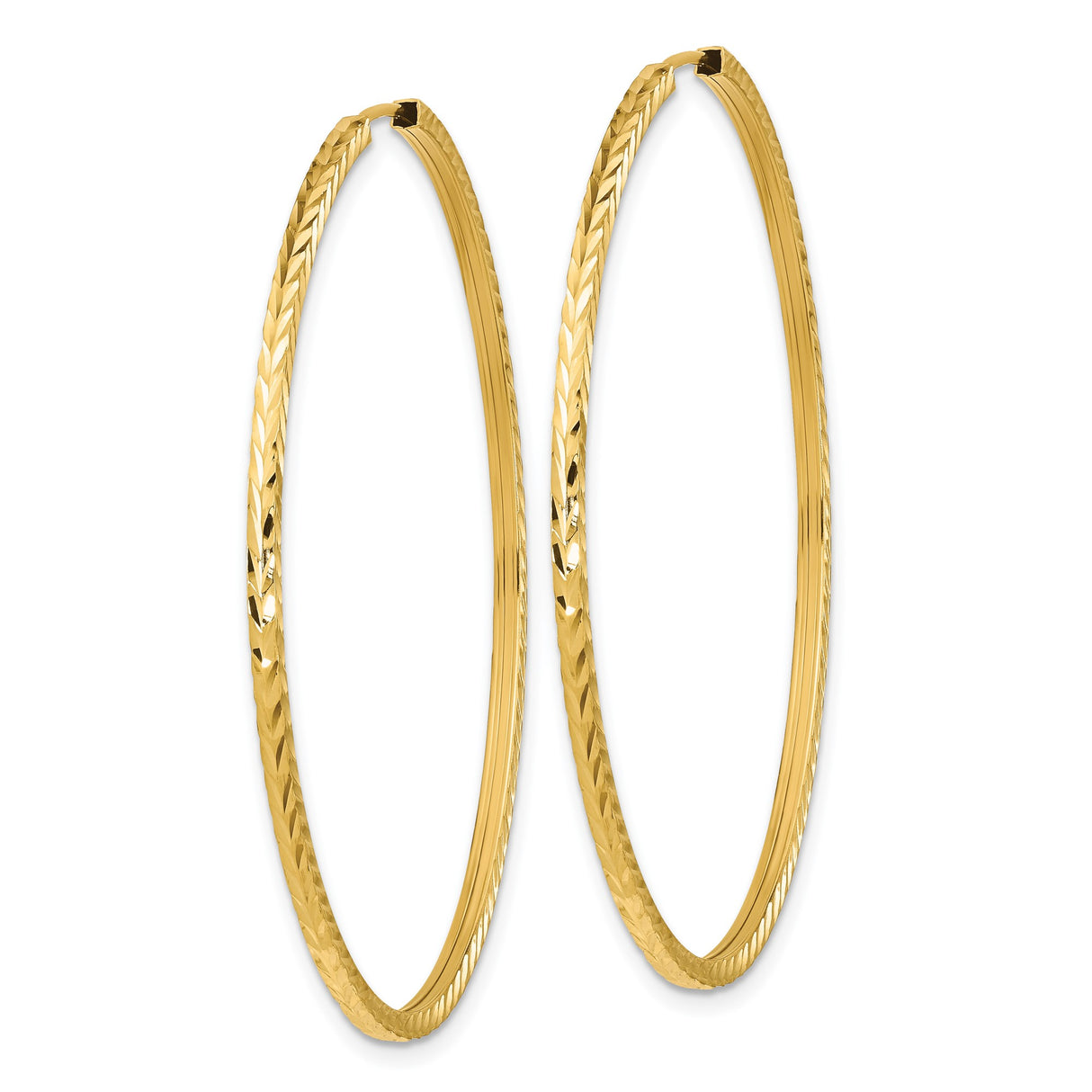 14k Yellow Gold Hoop Earrings, Large Thin Diamond Cut Textured Endless Hoops for Women
