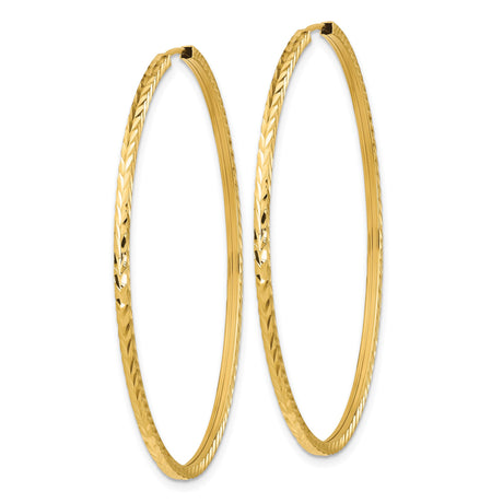 14k Yellow Gold Hoop Earrings, Large Thin Diamond Cut Textured Endless Hoops for Women
