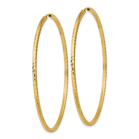 14k Yellow Gold Hoop Earrings, Large Textured Diamond-Cut Round Design for Women