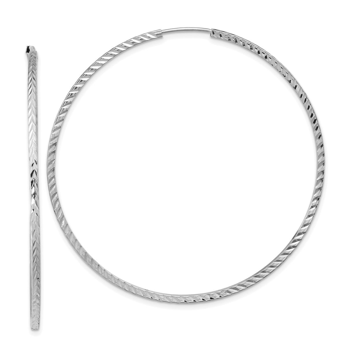 14k White Gold Hoop Earrings, Large Textured Chevron Pattern Diamond Cut Hoops for Women
