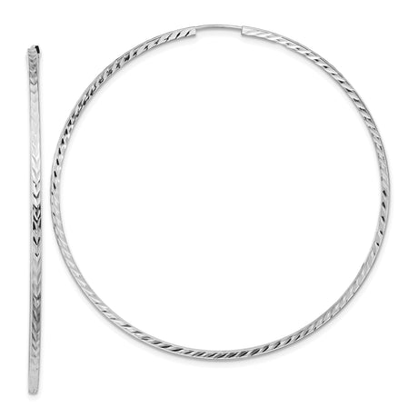 14k White Gold Hoop Earrings, Textured Diamond-Cut Chevron Pattern, Lightweight Modern Style
