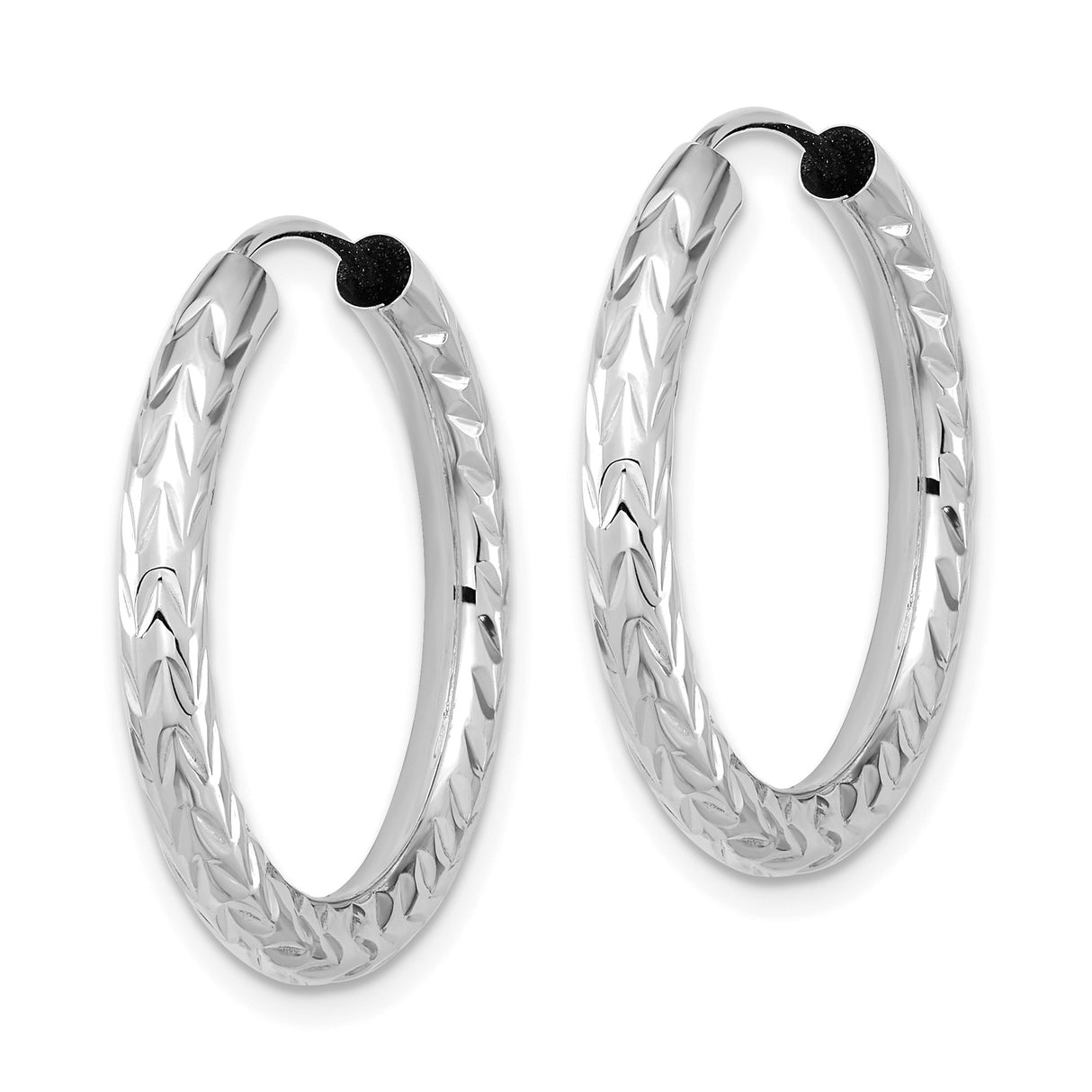 14k White Gold Hoop Earrings, Diamond Cut Textured Leaf Design, Lightweight Circular Hoops