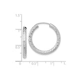 14k White Gold Hoop Earrings, Diamond Cut Textured Leaf Design, Lightweight Circular Hoops