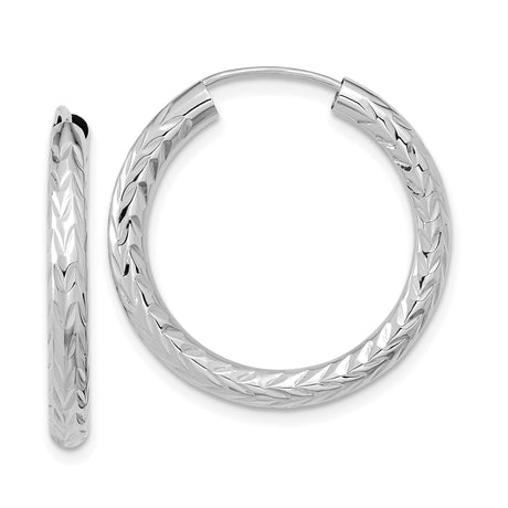 14k White Gold Hoop Earrings, Diamond Cut Textured Leaf Design, Lightweight Circular Hoops