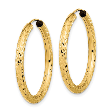 14k Yellow Gold Hoop Earrings, Diamond Cut Textured Design with Polished Finish