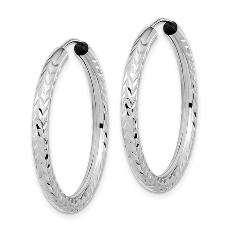 14k White Gold Hoop Earrings with Diamond Cut and Chevron Texture, Lightweight Round Design