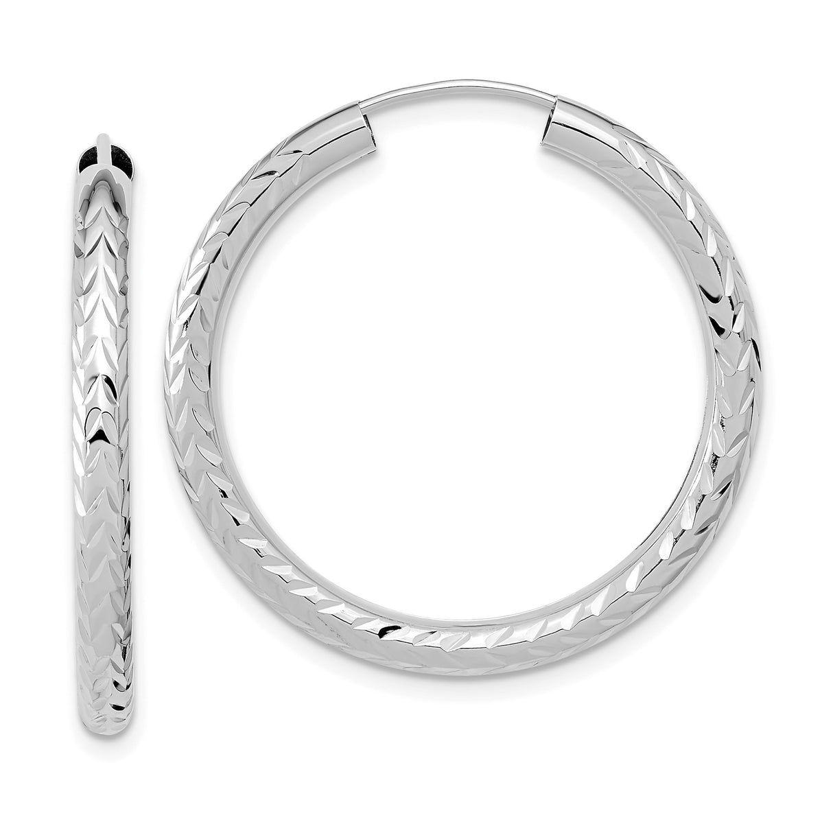 14k White Gold Hoop Earrings with Diamond Cut and Chevron Texture, Lightweight Round Design