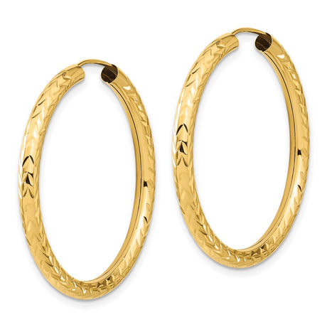 14k Yellow Gold Hoop Earrings, Diamond Cut Textured Lightweight Style for Women