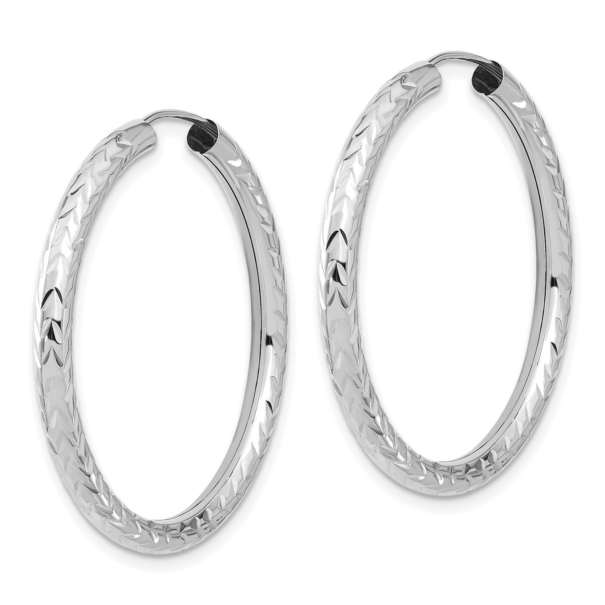 14k White Gold Hoop Earrings, Diamond Cut Leaf Design, Polished Finish, Lightweight Classic Style