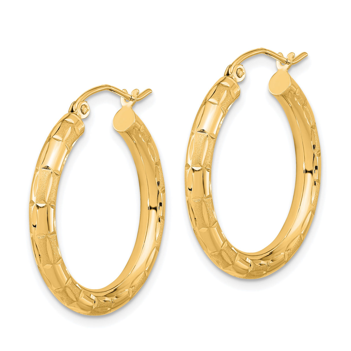 14k Yellow Gold Hoop Earrings, Diamond-Cut Textured Round Design for Women