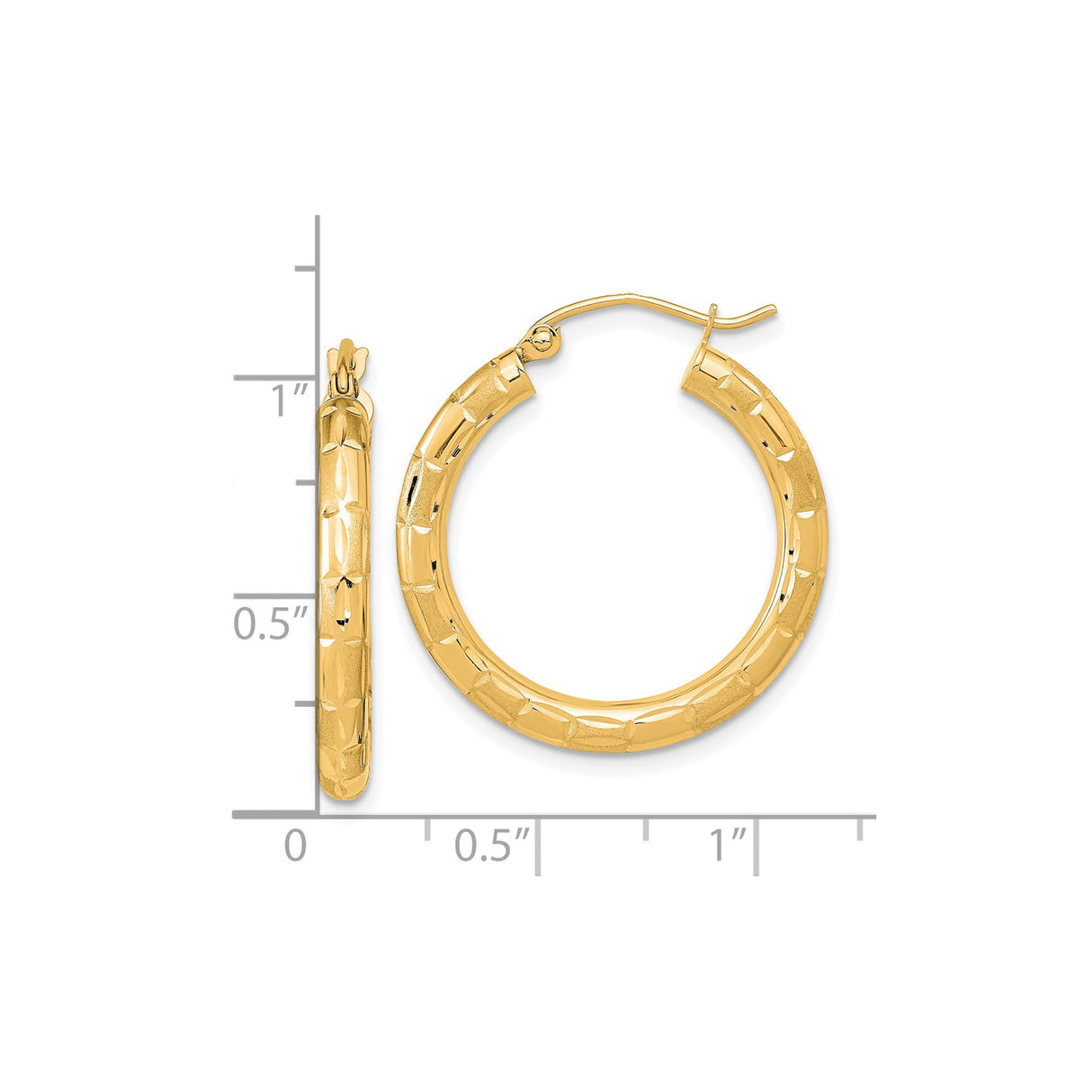 14k Yellow Gold Hoop Earrings, Diamond-Cut Textured Round Design for Women