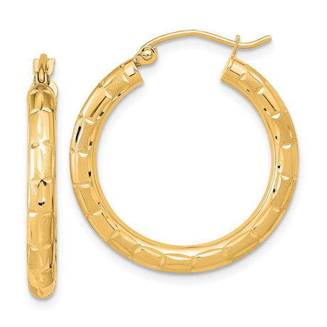 14k Yellow Gold Hoop Earrings, Diamond-Cut Textured Round Design for Women