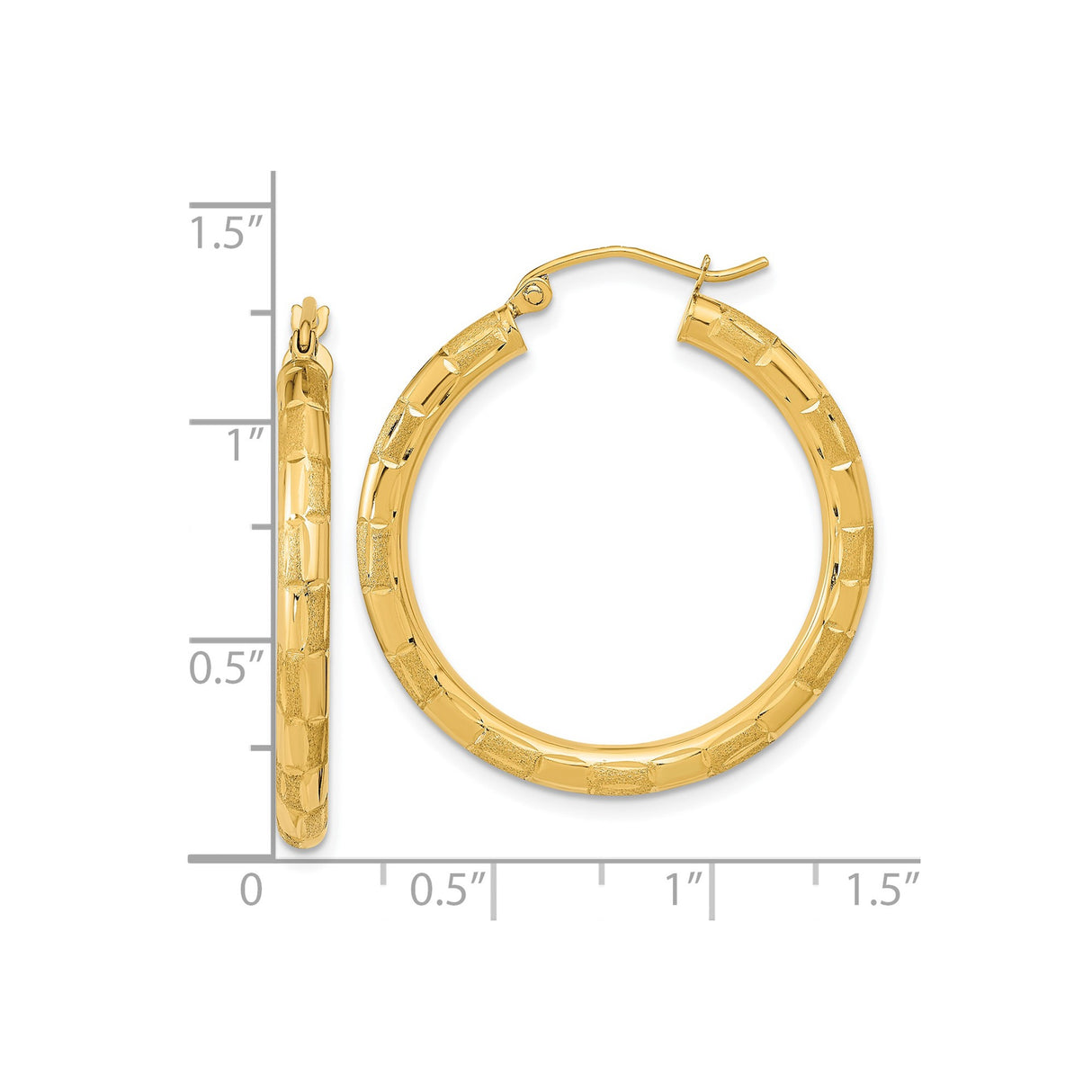 14k Yellow Gold Hoop Earrings with Textured Satin Finish and Bamboo Design
