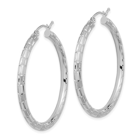 14k White Gold Hoop Earrings, Large Textured Brick Pattern, Lightweight Modern Jewelry for Women