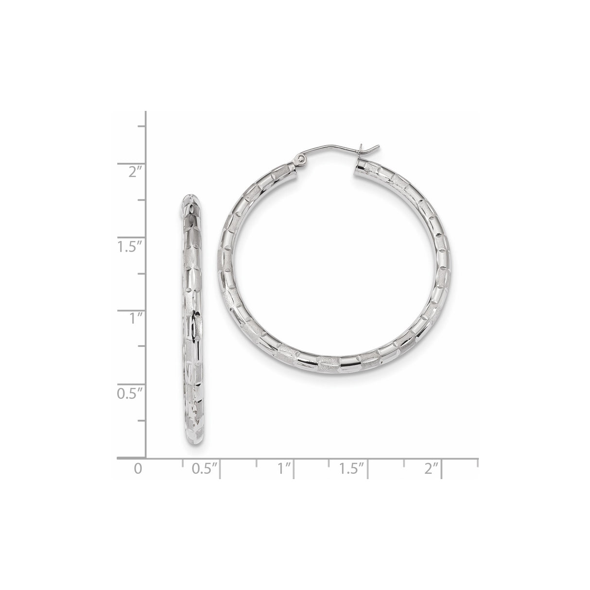 14k White Gold Hoop Earrings, Large Textured Brick Pattern, Lightweight Modern Jewelry for Women
